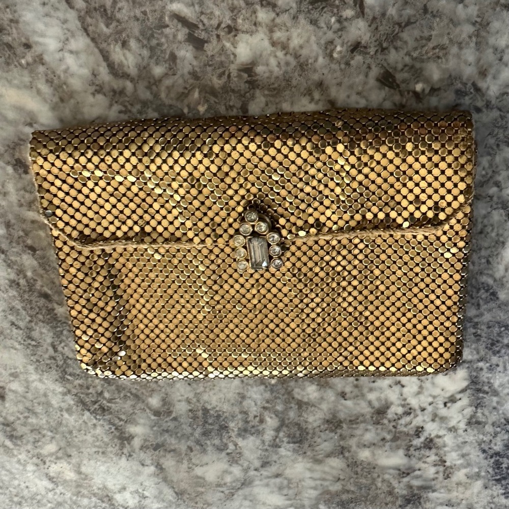 Vintage Whiting & Davis Gold Metal Mesh Clutch Rhinestone Clasp Evening Bag USA